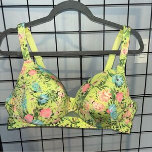 Cacique Lime Green and Floral Lighlty Lined Plunge Underwire Bra EUC 44C